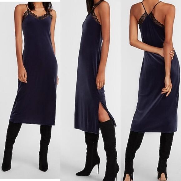 Express stretch Velour velvet black Lace Trim Slip Dress midi maxi side slit XS - Picture 1 of 10